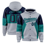 Custom Silver Navy-Aqua Color Block Varsity Full-Snap Letterman Jacket Hoodie | BuyFootballJersey