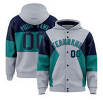 Custom Silver Navy-Aqua Color Block Varsity Full-Snap Letterman Jacket Hoodie | BuyFootballJersey