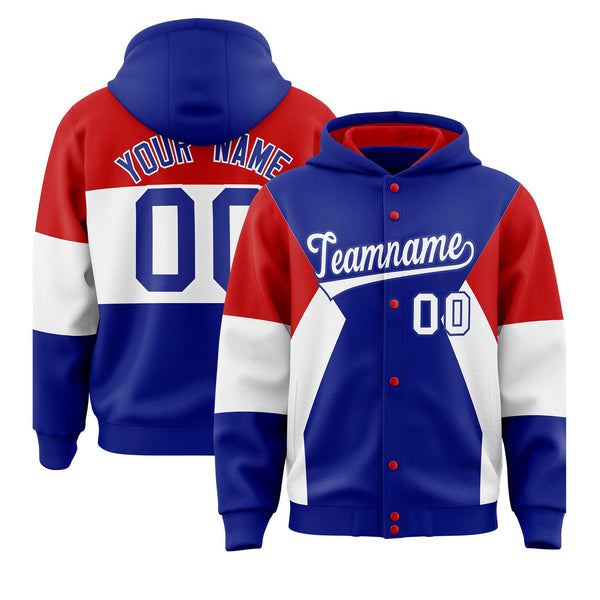 Custom Royal Red-White Color Block Varsity Full-Snap Letterman Jacket Hoodie | BuyFootballJersey