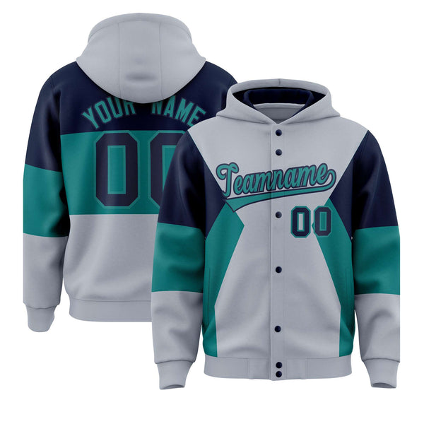 Custom Silver Navy-Aqua Color Block Varsity Full-Snap Letterman Jacket Hoodie | BuyFootballJersey