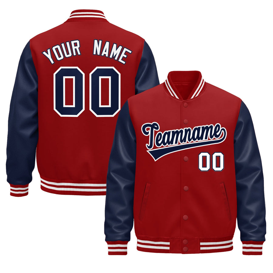 Custom Navy Red White Raglan Sleeves Varsity Full-Snap Leather Sleeves Letterman Jacket | BuyFootballJersey