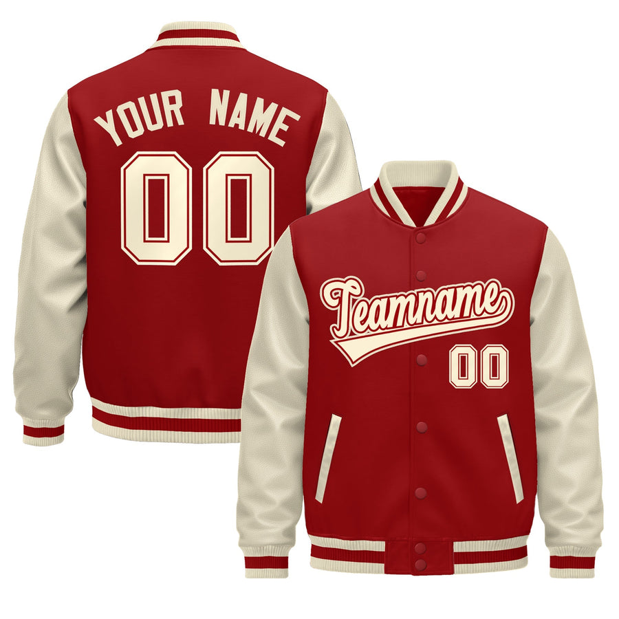 Custom Cream Cream Red Raglan Sleeves Varsity Full-Snap Leather Sleeves Letterman Jacket | BuyFootballJersey