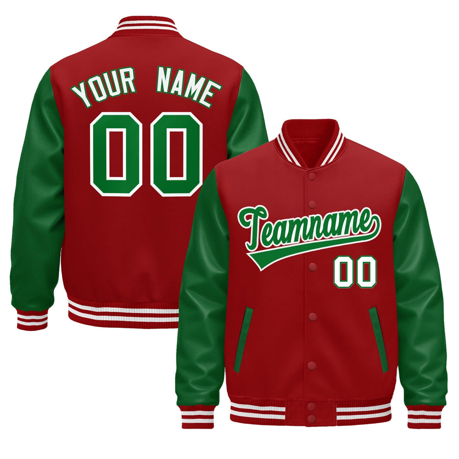 Custom Cream Kelly Green Red Raglan Sleeves Varsity Full-Snap Leather Sleeves Letterman Jacket | BuyFootballJersey
