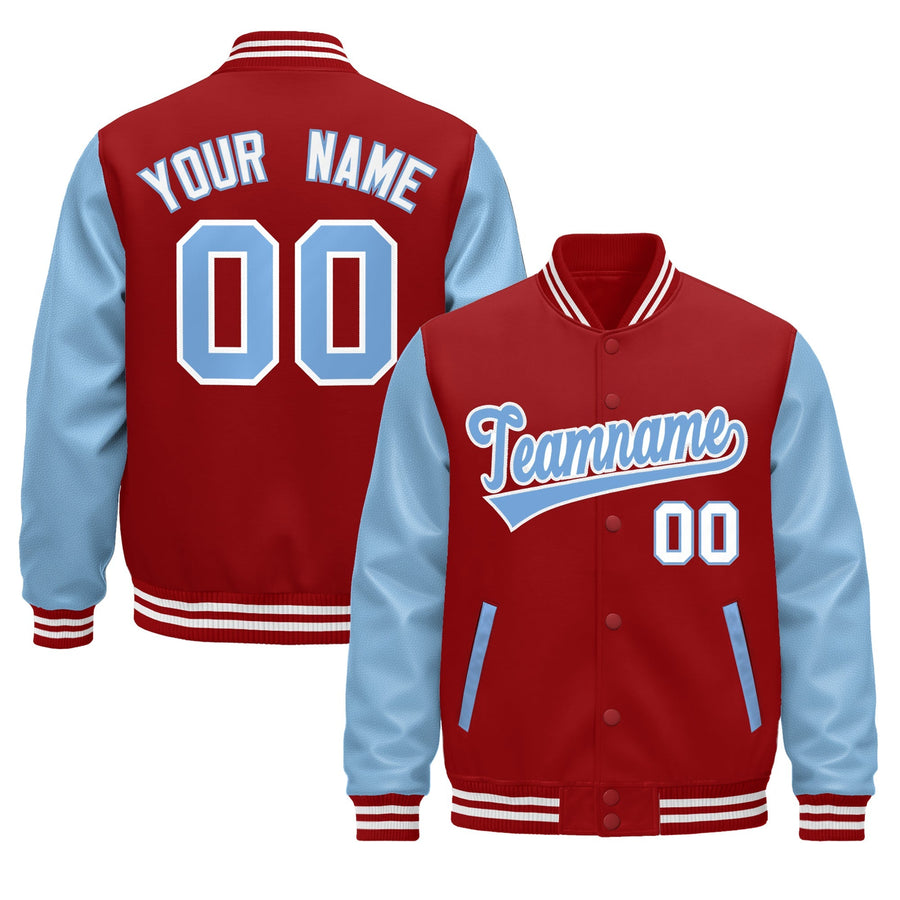 Custom Cream Light Blue Red Raglan Sleeves Varsity Full-Snap Leather Sleeves Letterman Jacket | BuyFootballJersey