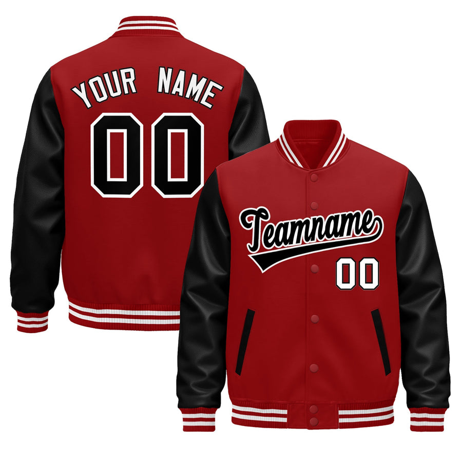 Custom Cream Black Red Raglan Sleeves Varsity Full-Snap Leather Sleeves Letterman Jacket | BuyFootballJersey