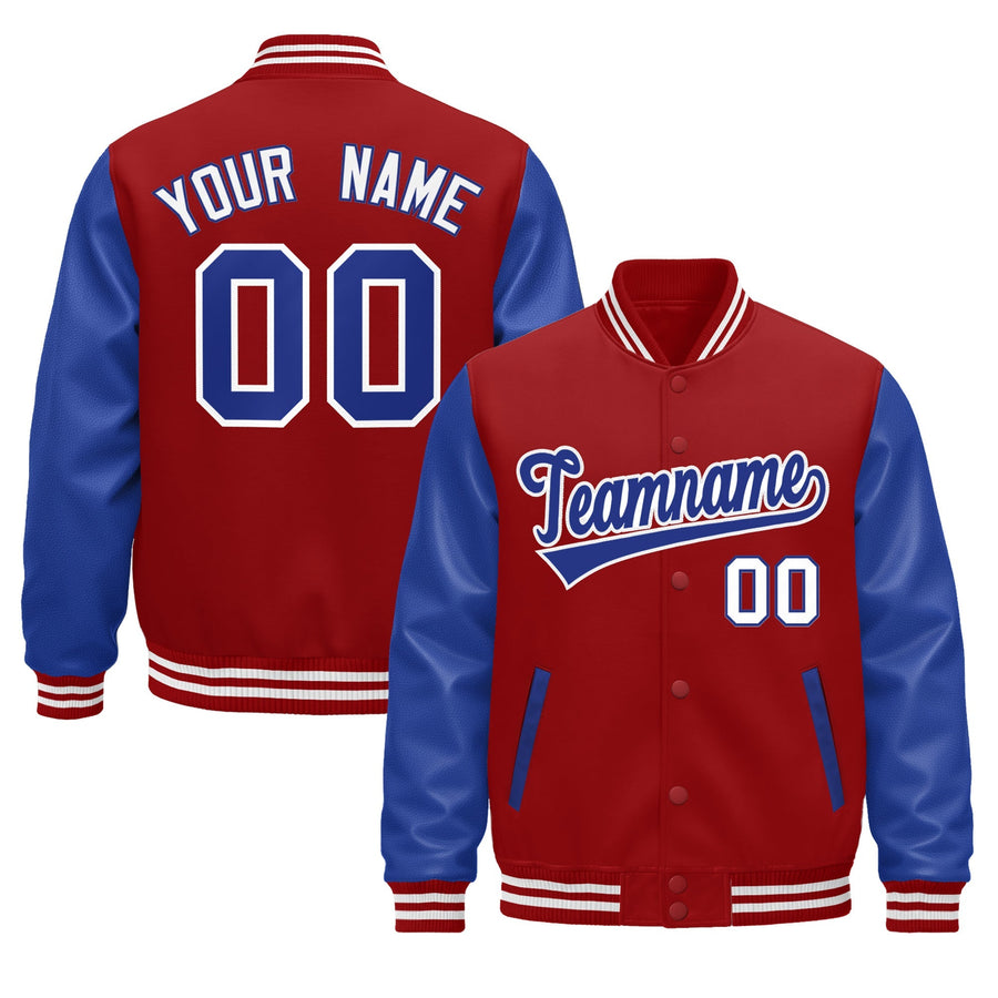 Custom Cream Royal Blue Red Raglan Sleeves Varsity Full-Snap Leather Sleeves Letterman Jacket | BuyFootballJersey