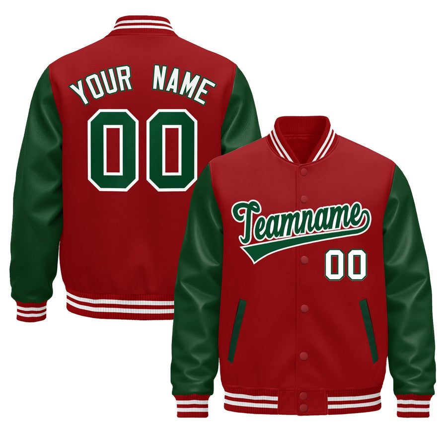 Custom Cream Dark Green Red Raglan Sleeves Varsity Full-Snap Leather Sleeves Letterman Jacket | BuyFootballJersey