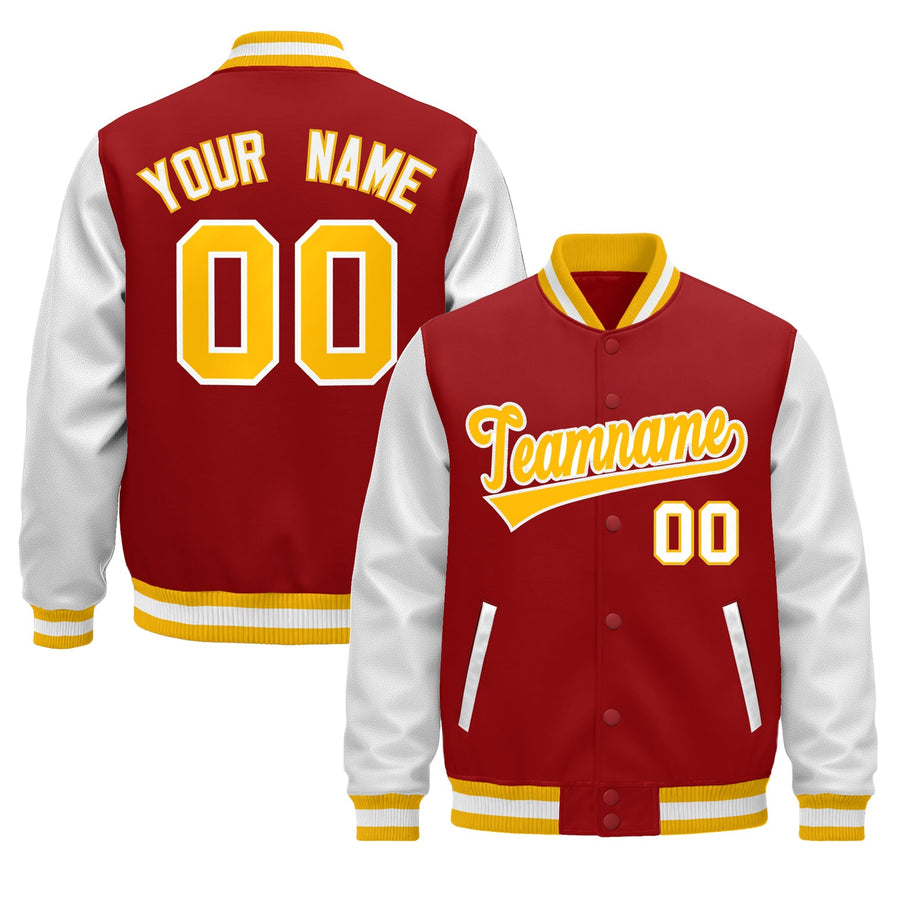 Custom Red White Gold Raglan Sleeves Varsity Full-Snap Leather Sleeves Letterman Jacket | BuyFootballJersey