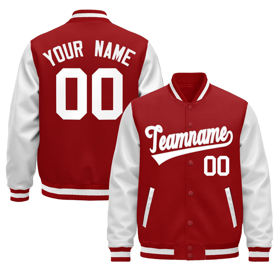 Custom Red White Raglan Sleeves Varsity Full-Snap Leather Sleeves Letterman Jacket | BuyFootballJersey