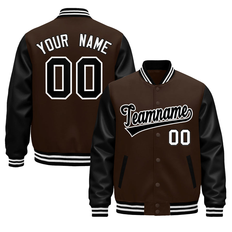 Custom Black Brown White Raglan Sleeves Varsity Full-Snap Leather Sleeves Letterman Jacket | BuyFootballJersey