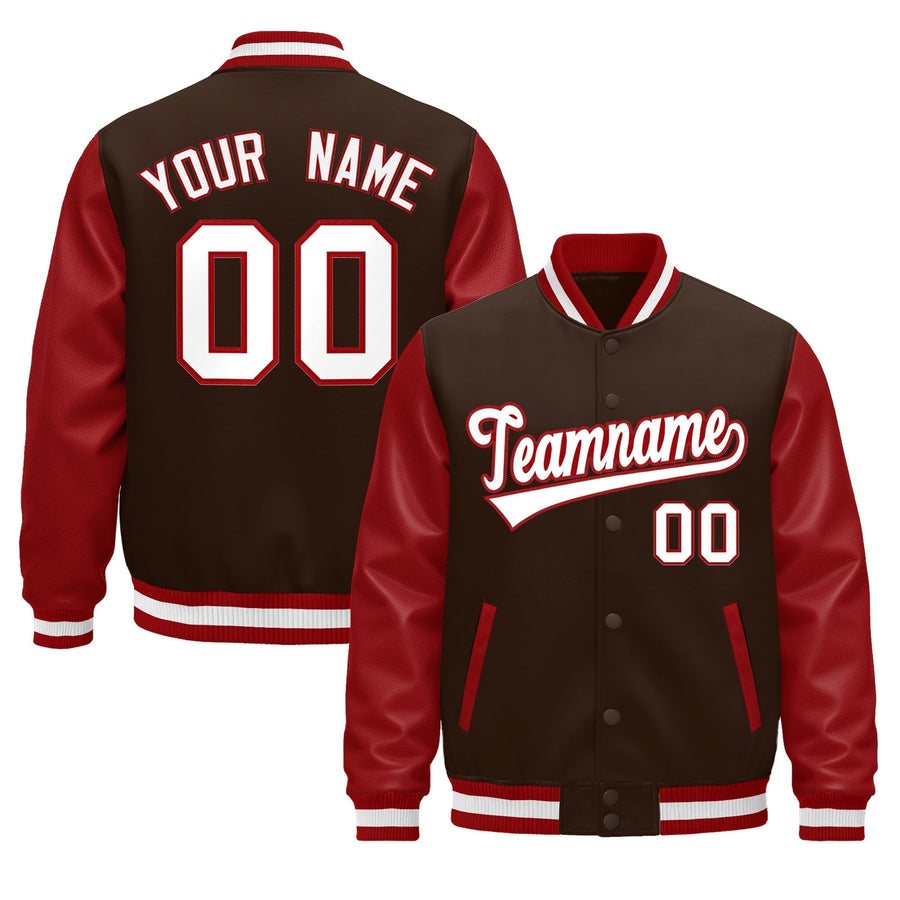 Custom Red Brown White Raglan Sleeves Varsity Full-Snap Leather Sleeves Letterman Jacket | BuyFootballJersey