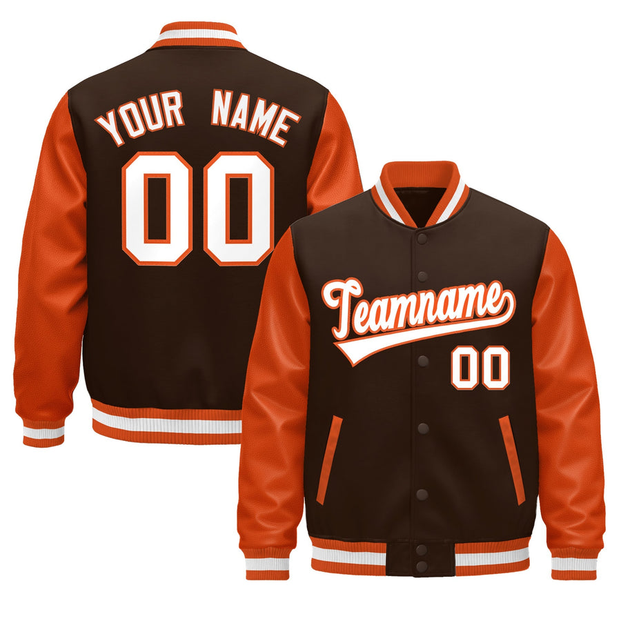 Custom Orange Brown White Raglan Sleeves Varsity Full-Snap Leather Sleeves Letterman Jacket | BuyFootballJersey