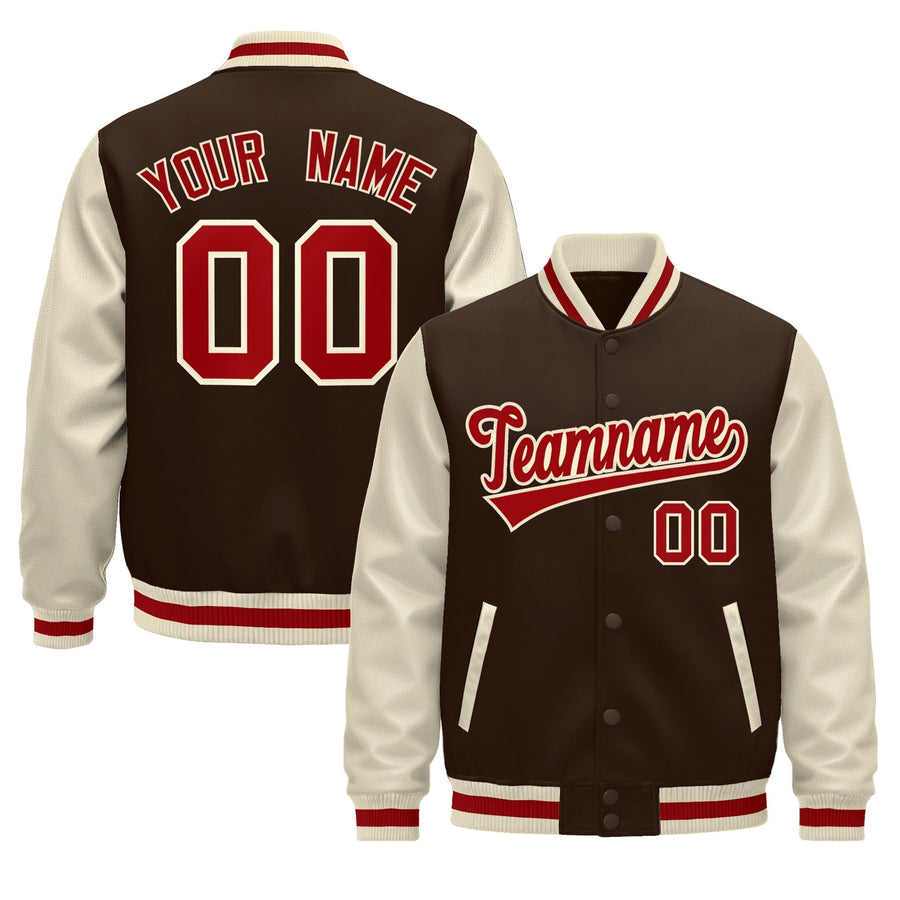 Custom Cream Brown Red Raglan Sleeves Varsity Full-Snap Leather Sleeves Letterman Jacket | BuyFootballJersey