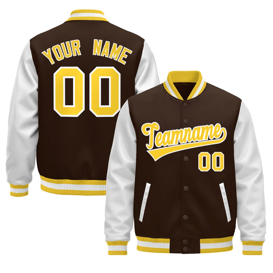 Custom White Brown Gold Raglan Sleeves Varsity Full-Snap Leather Sleeves Letterman Jacket | BuyFootballJersey