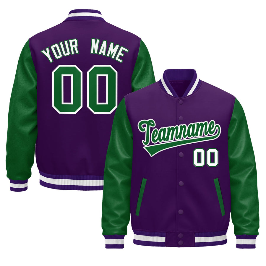 Custom Purple Kelly Green White Raglan Sleeves Varsity Full-Snap Leather Sleeves Letterman Jacket | BuyFootballJersey