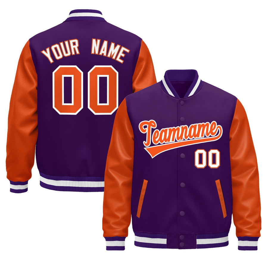 Custom Purple Orange White Raglan Sleeves Varsity Full-Snap Leather Sleeves Letterman Jacket | BuyFootballJersey