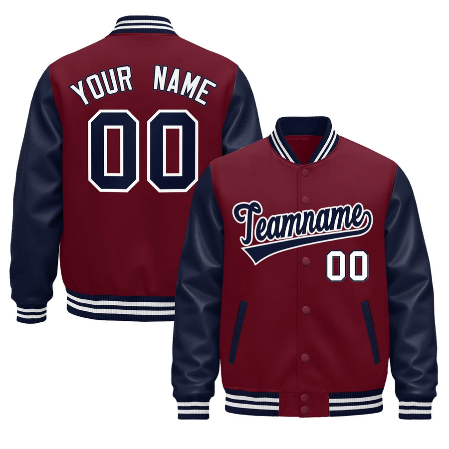 Custom Crimson Navy White Raglan Sleeves Varsity Full-Snap Leather Sleeves Letterman Jacket | BuyFootballJersey