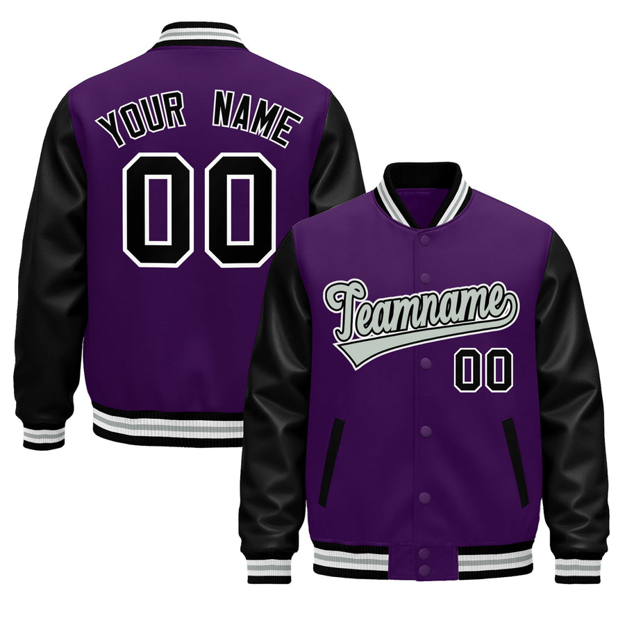 Custom Black Purple White Gray Raglan Sleeves Varsity Full-Snap Leather Sleeves Letterman Jacket | BuyFootballJersey