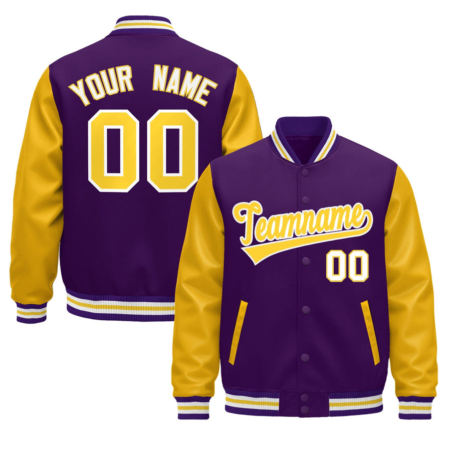 Custom Purple Gold White Raglan Sleeves Varsity Full-Snap Leather Sleeves Letterman Jacket | BuyFootballJersey
