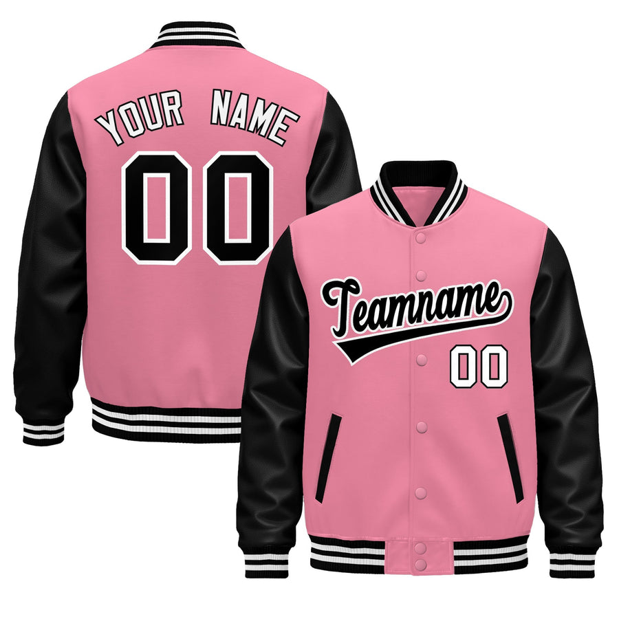 Custom Light Pink Black White Raglan Sleeves Varsity Full-Snap Leather Sleeves Letterman Jacket | BuyFootballJersey