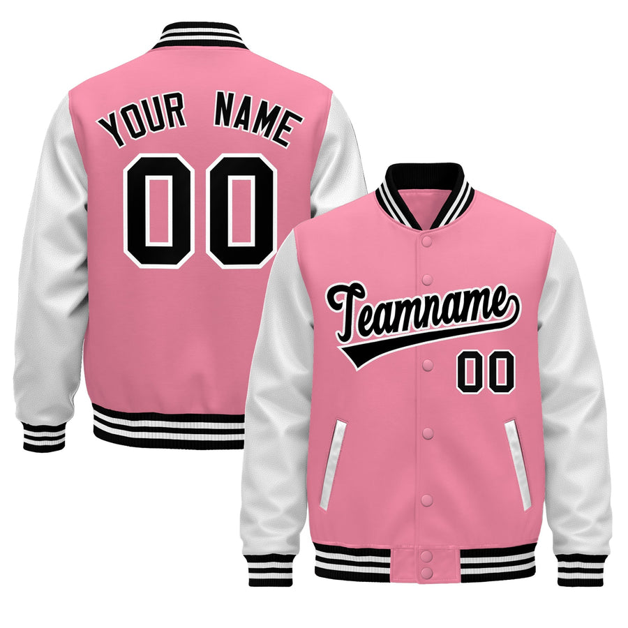Custom Light Pink White Black Raglan Sleeves Varsity Full-Snap Leather Sleeves Letterman Jacket | BuyFootballJersey