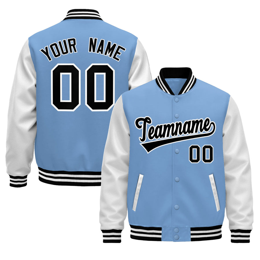 Custom Light Blue Black White Raglan Sleeves Varsity Full-Snap Leather Sleeves Letterman Jacket | BuyFootballJersey