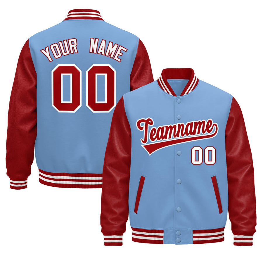 Custom Light Blue Red White Raglan Sleeves Varsity Full-Snap Leather Sleeves Letterman Jacket | BuyFootballJersey