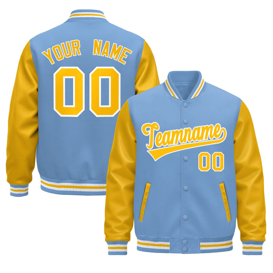 Custom Light Blue White Gold Raglan Sleeves Varsity Full-Snap Leather Sleeves Letterman Jacket | BuyFootballJersey