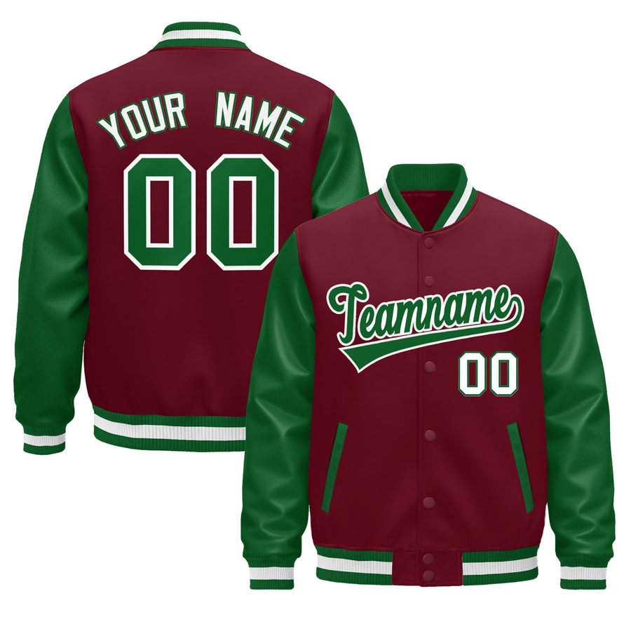Custom Crimson Kelly Green White Raglan Sleeves Varsity Full-Snap Leather Sleeves Letterman Jacket | BuyFootballJersey