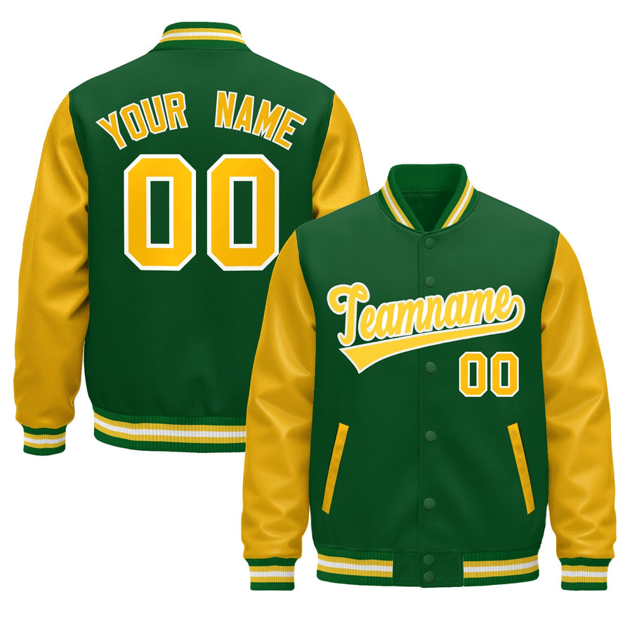 Custom Kelly Green Gold White Raglan Sleeves Varsity Full-Snap Leather Sleeves Letterman Jacket | BuyFootballJersey