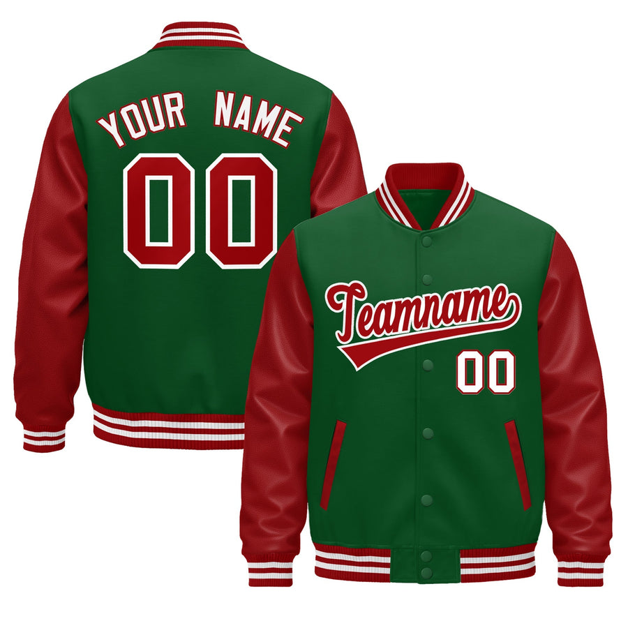 Custom Kelly Green Red White Raglan Sleeves Varsity Full-Snap Leather Sleeves Letterman Jacket | BuyFootballJersey