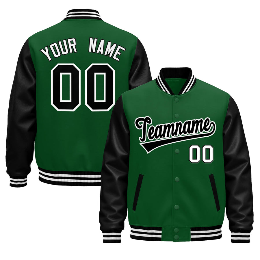 Custom Kelly Green Black White Raglan Sleeves Varsity Full-Snap Leather Sleeves Letterman Jacket | BuyFootballJersey