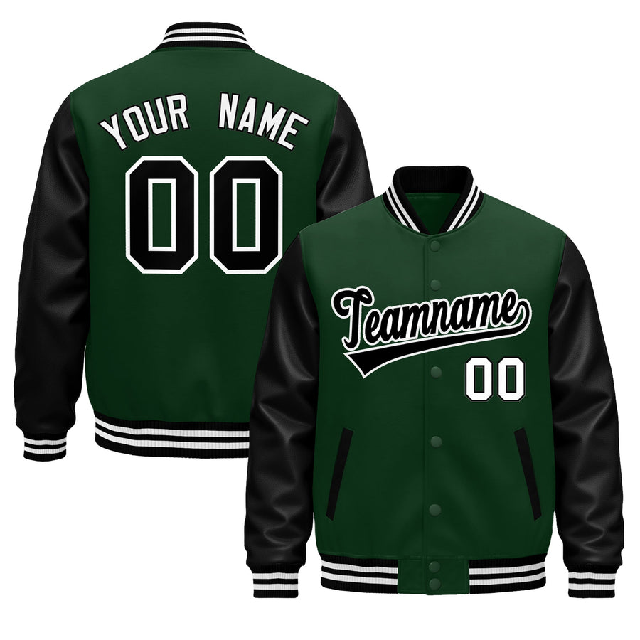 Custom Black Dark Green White Raglan Sleeves Varsity Full-Snap Leather Sleeves Letterman Jacket | BuyFootballJersey