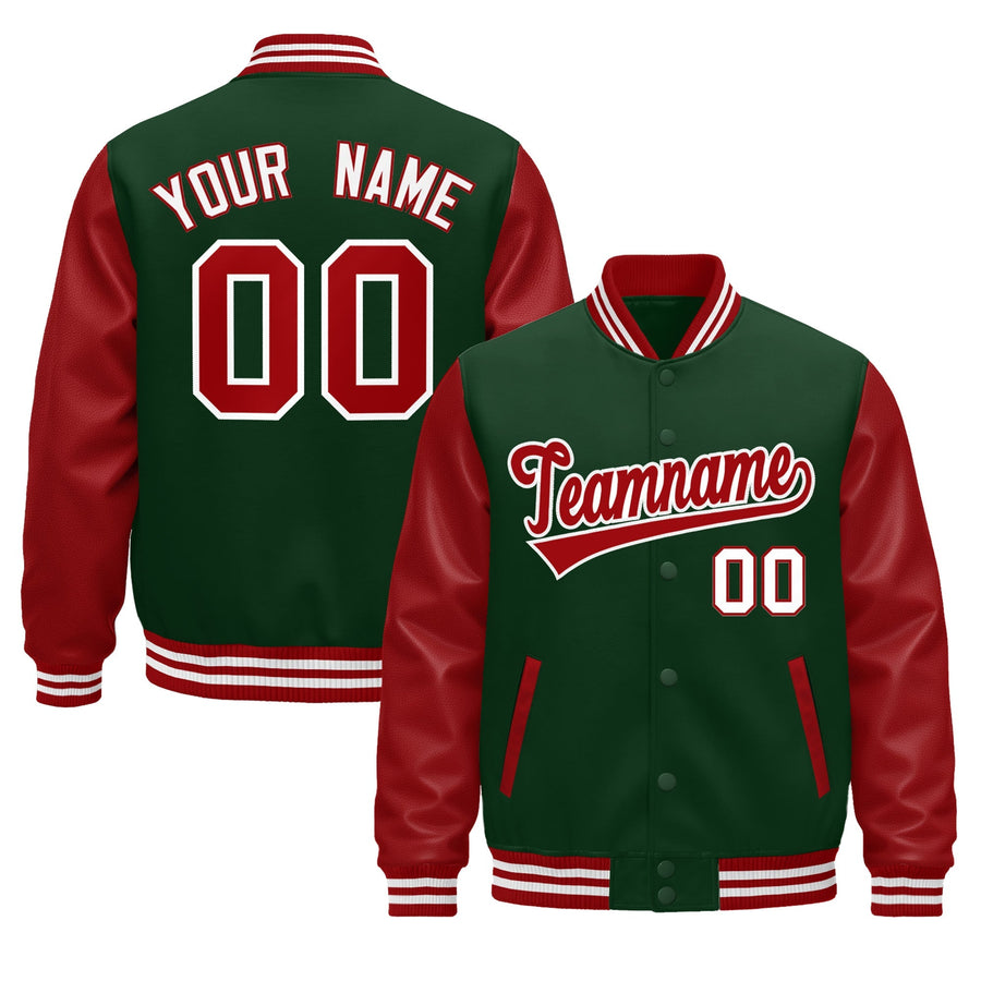 Custom Dark Green Red White Raglan Sleeves Varsity Full-Snap Leather Sleeves Letterman Jacket | BuyFootballJersey