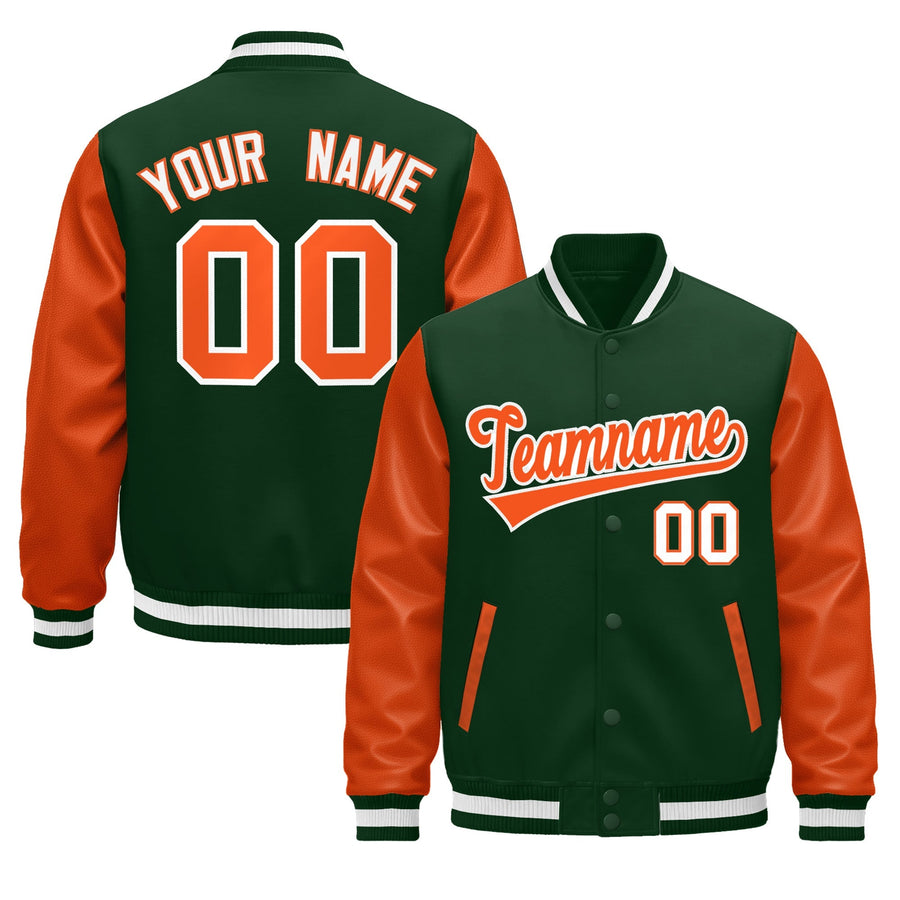 Custom Dark Green Orange White Raglan Sleeves Varsity Full-Snap Leather Sleeves Letterman Jacket | BuyFootballJersey