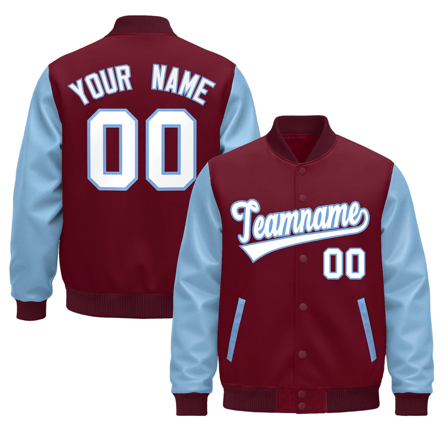 Custom Crimson Light Blue White Raglan Sleeves Varsity Full-Snap Leather Sleeves Letterman Jacket | BuyFootballJersey