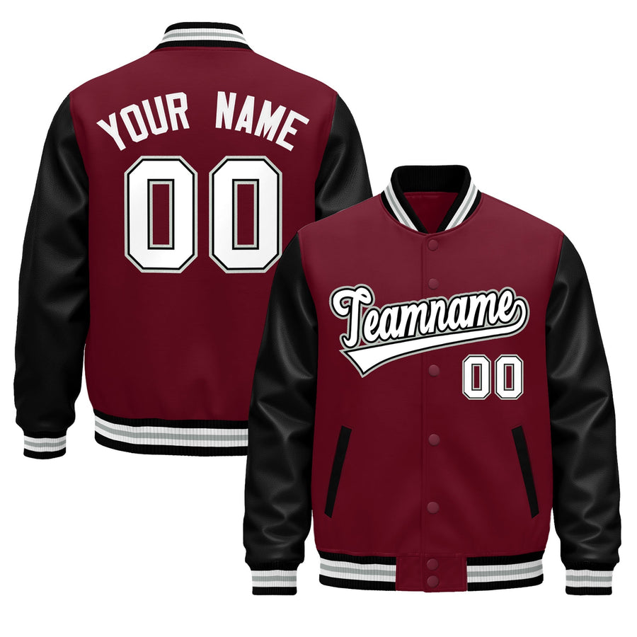 Custom Crimson Black White Gray Raglan Sleeves Varsity Full-Snap Leather Sleeves Letterman Jacket | BuyFootballJersey