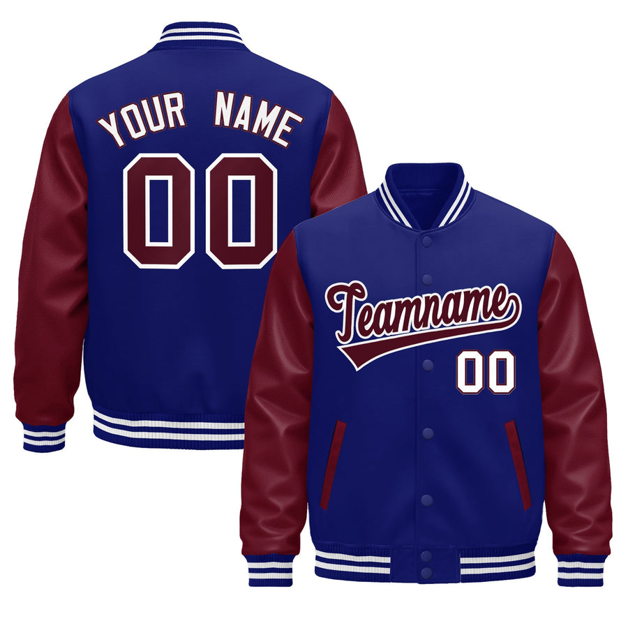 Custom Royal Blue Burgundy White Raglan Sleeves Varsity Full-Snap Leather Sleeves Letterman Jacket | BuyFootballJersey