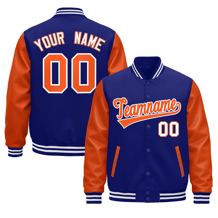Custom Royal Blue Orange White Raglan Sleeves Varsity Full-Snap Leather Sleeves Letterman Jacket | BuyFootballJersey