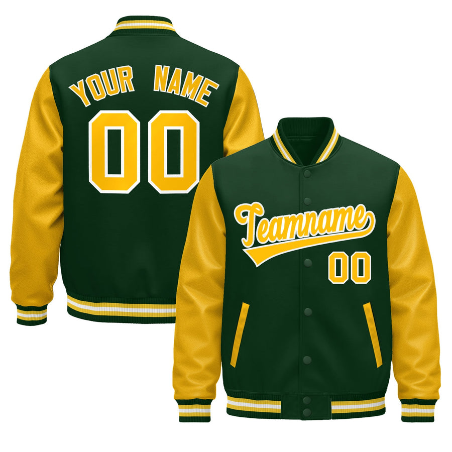 Custom Dark Green Gold White Raglan Sleeves Varsity Full-Snap Leather Sleeves Letterman Jacket | BuyFootballJersey