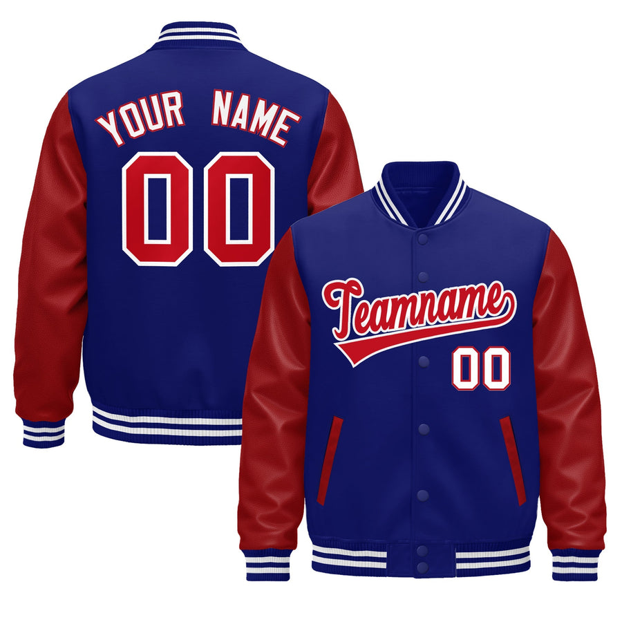 Custom Royal Blue Red White Raglan Sleeves Varsity Full-Snap Leather Sleeves Letterman Jacket | BuyFootballJersey