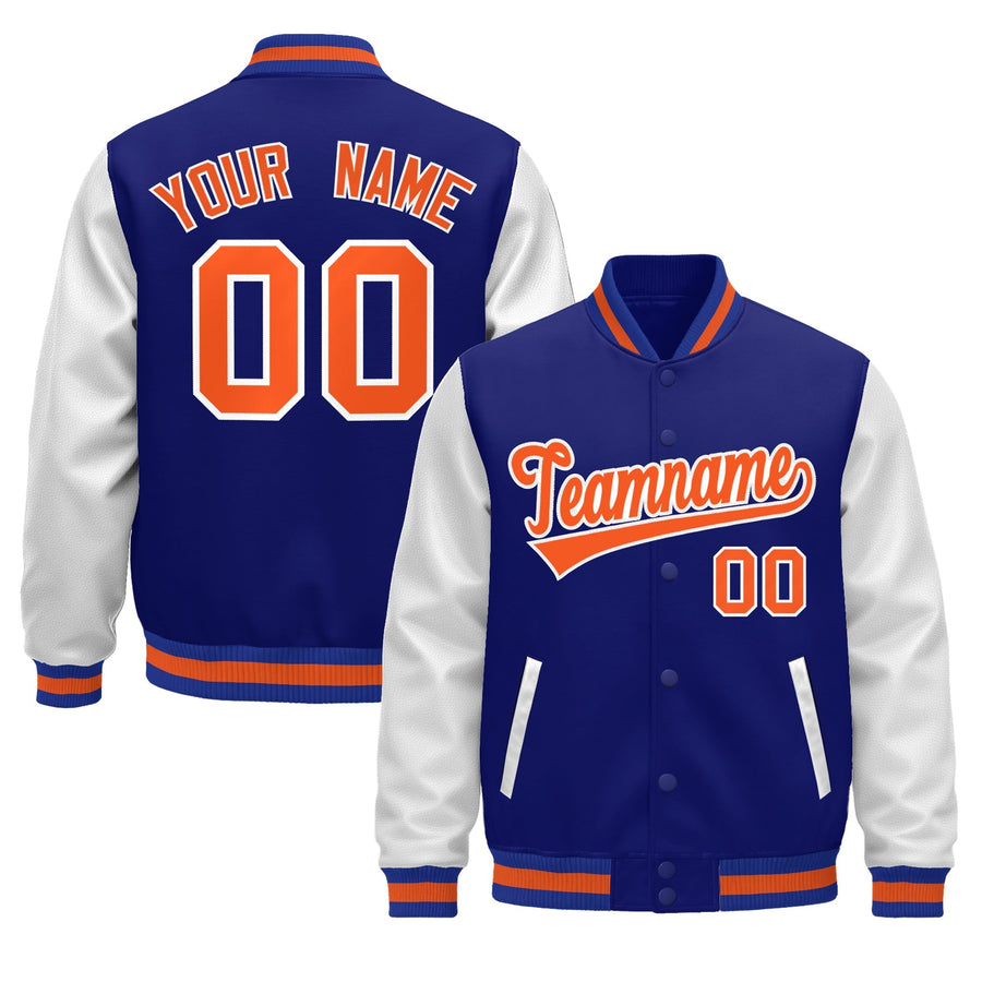 Custom Royal Blue White Raglan Sleeves Varsity Leather Sleeves Letterman Jacket | BuyFootballJersey