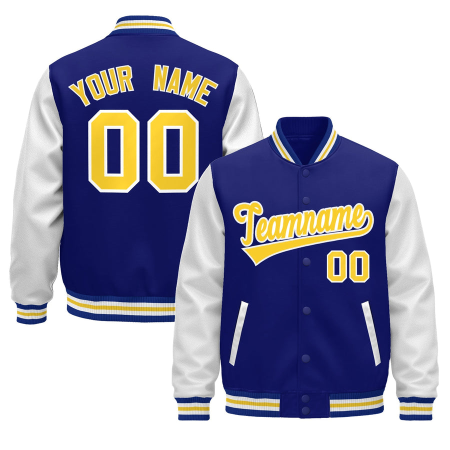 Custom Royal Blue White Gold Raglan Sleeves Varsity Leather Sleeves Letterman Jacket | BuyFootballJersey