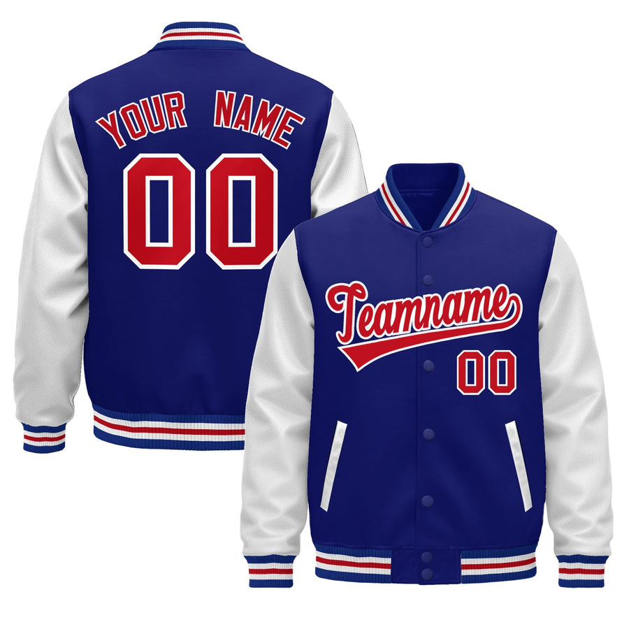 Custom Royal Blue White Red Raglan Sleeves Varsity Leather Sleeves Letterman Jacket | BuyFootballJersey