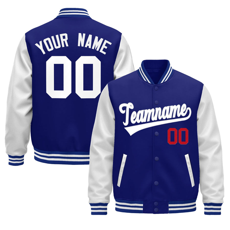 Custom Royal Blue White Raglan Sleeves Varsity Full-Snap Leather Sleeves Letterman Jacket | BuyFootballJersey