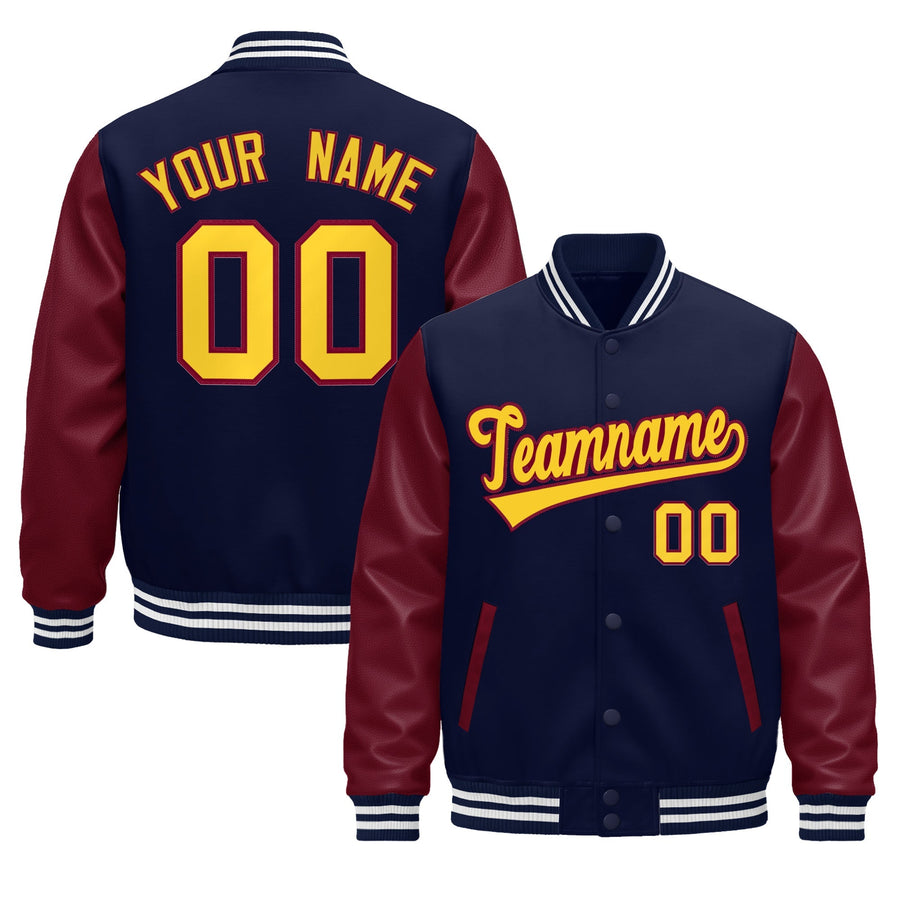 Custom Navy Burgundy Gold White Raglan Sleeves Varsity Full-Snap Leather Sleeves Letterman Jacket | BuyFootballJersey