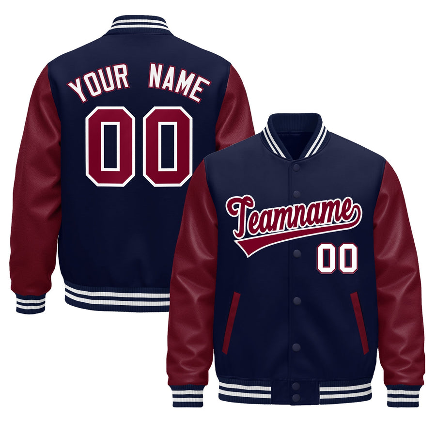 Custom Navy Burgundy White Crimson Raglan Sleeves Varsity Full-Snap Leather Sleeves Letterman Jacket | BuyFootballJersey