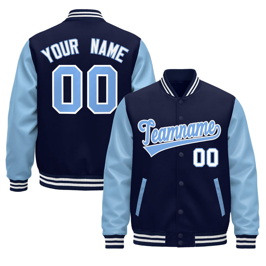 Custom Navy Light Blue White Raglan Sleeves Varsity Full-Snap Leather Sleeves Letterman Jacket | BuyFootballJersey