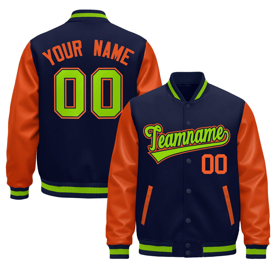 Custom Navy Orange Neon Green Raglan Sleeves Varsity Full-Snap Leather Sleeves Letterman Jacket | BuyFootballJersey