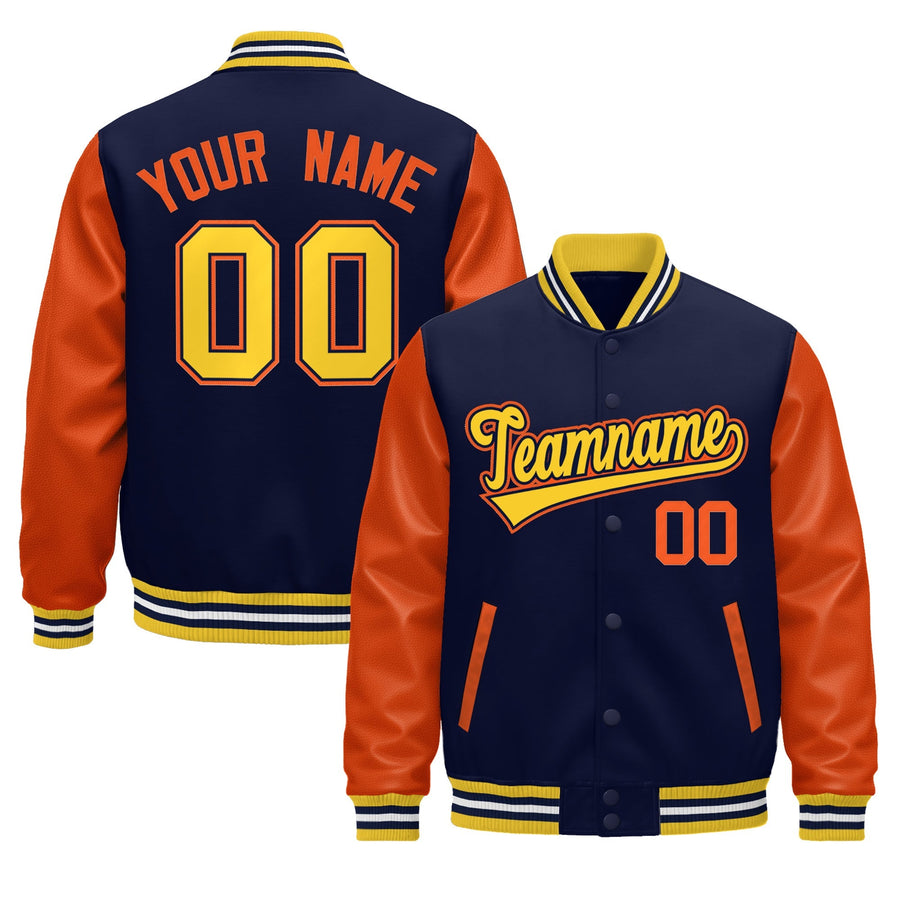 Custom Gold Orange Navy White Raglan Sleeves Varsity Full-Snap Leather Sleeves Letterman Jacket | BuyFootballJersey